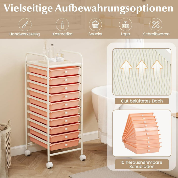 COSTWAY Rollwagen mit Schubladen Rollcontainer Badrollwagen Badtrolley Badregal Beistellwagen mit 10