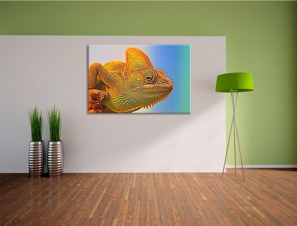 gelbes Chamäleon Deluxe Format: 100x70 cm auf Leinwand, XXL riesige Bilder fertig gerahmt mit Keilra