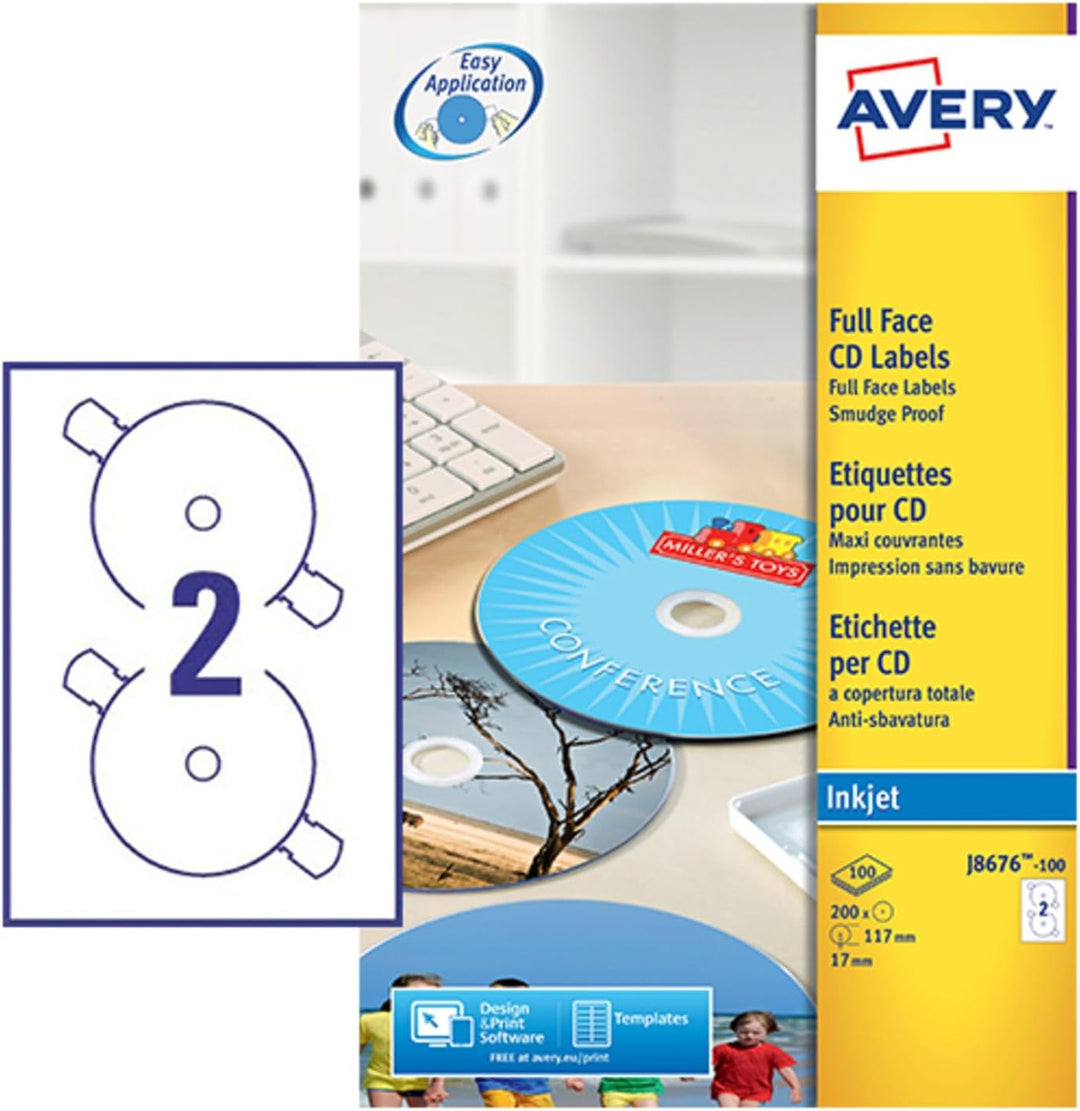 Avery Zweckform, J8676-100, CD-Etiketten, 100 Blatt, SuperSize-Spezialformat, bis 2880 dpi, schnell