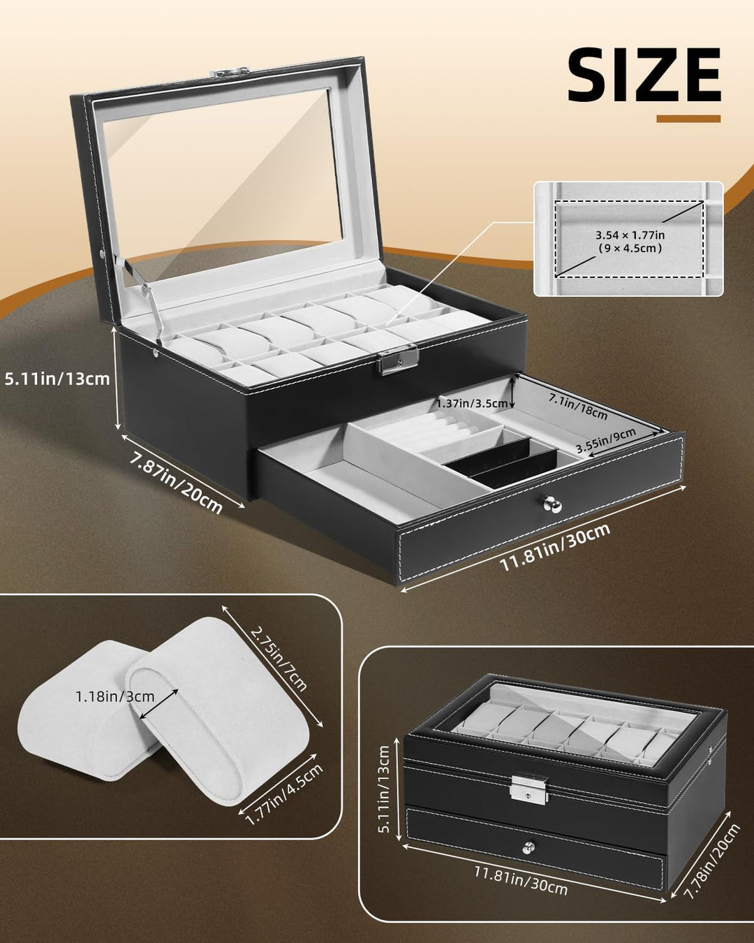 Uten Uhrenbox 12 Uhren, Uhrenkasten Herren, Schmuckkästchen Damen, Uhrenkoffer mit Schublade, Schlüs
