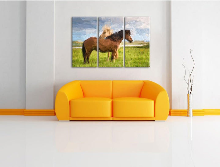 Pixxprint Zwei Pferde auf der Wiese Kunst Pinsel Effekt 3-Teiler Leinwandbild 120x80 Bild auf Leinwa