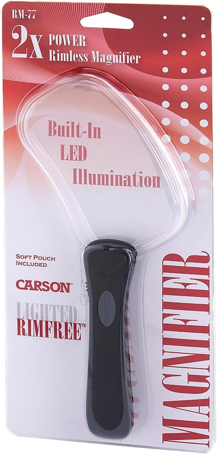 Carson Lighted RimFree 2x Handlupe mit LED, ergonomischem Griff und Linse im Rechteckformat (RM-77)
