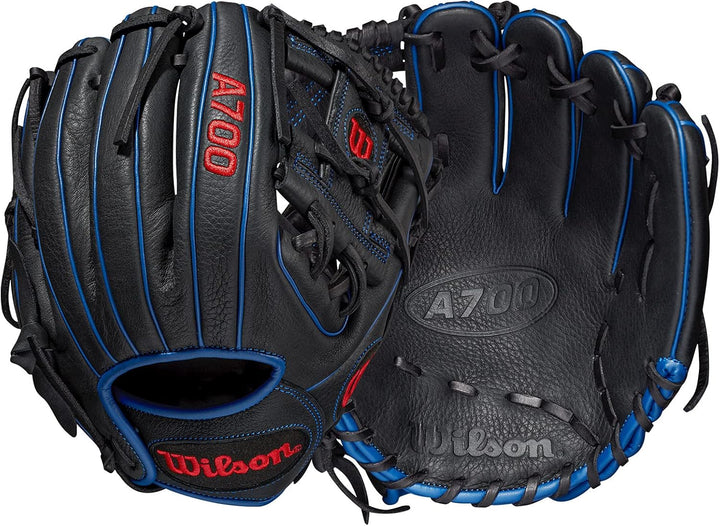 WILSON 2022 A700 Jugend-Baseball-Handschuh Schwarz/Blau/Rot 11.25 inch Rechte Hand Wurf, Schwarz/Bla
