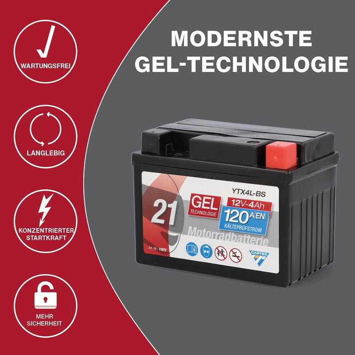 CARTEC Motorradbatterie YTX4L-BS, 4Ah, 120A, Gel Technologie Motorrad-Starter-Batterie, Erstausrüste