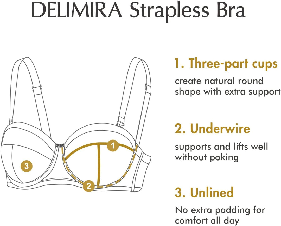 DELIMIRA Damen Trägerloser BH - Bügel,weichen Cups,abnehmbare Trägern 80G Schwarz, 80G Schwarz