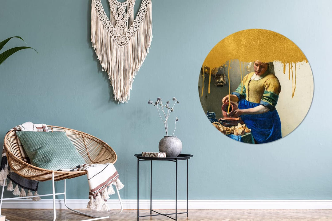 MuchoWow Wandbild Rund Wanddeko Deko Wohnzimmer Bilder 90x90 cm Milchmädchen - Gold - Vermeer, 90x90