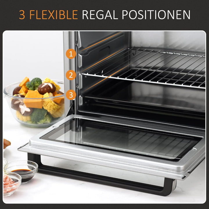 HOMCOM Minibackofen 32L 1600W Elektrischer Mini Ofen mit Schlackenauffangwanne Metall Edelstahl Glas