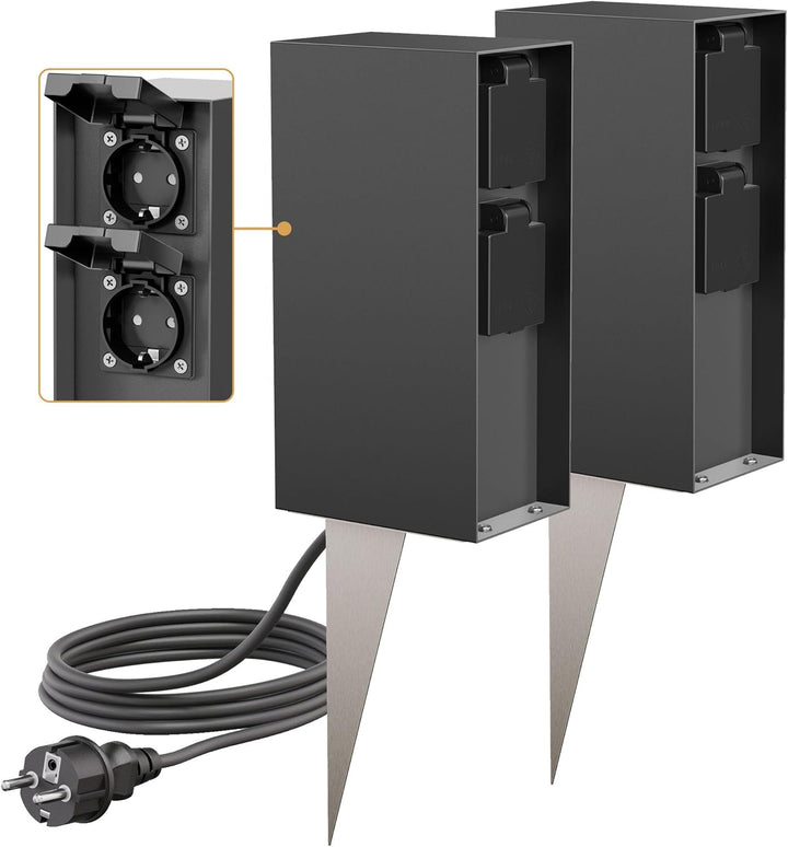 ledscom.de 2x Garten-Steckdosen-Säule POMI mit Erdspiess und 2m Kabel für aussen, IP44, 4-fach, anth