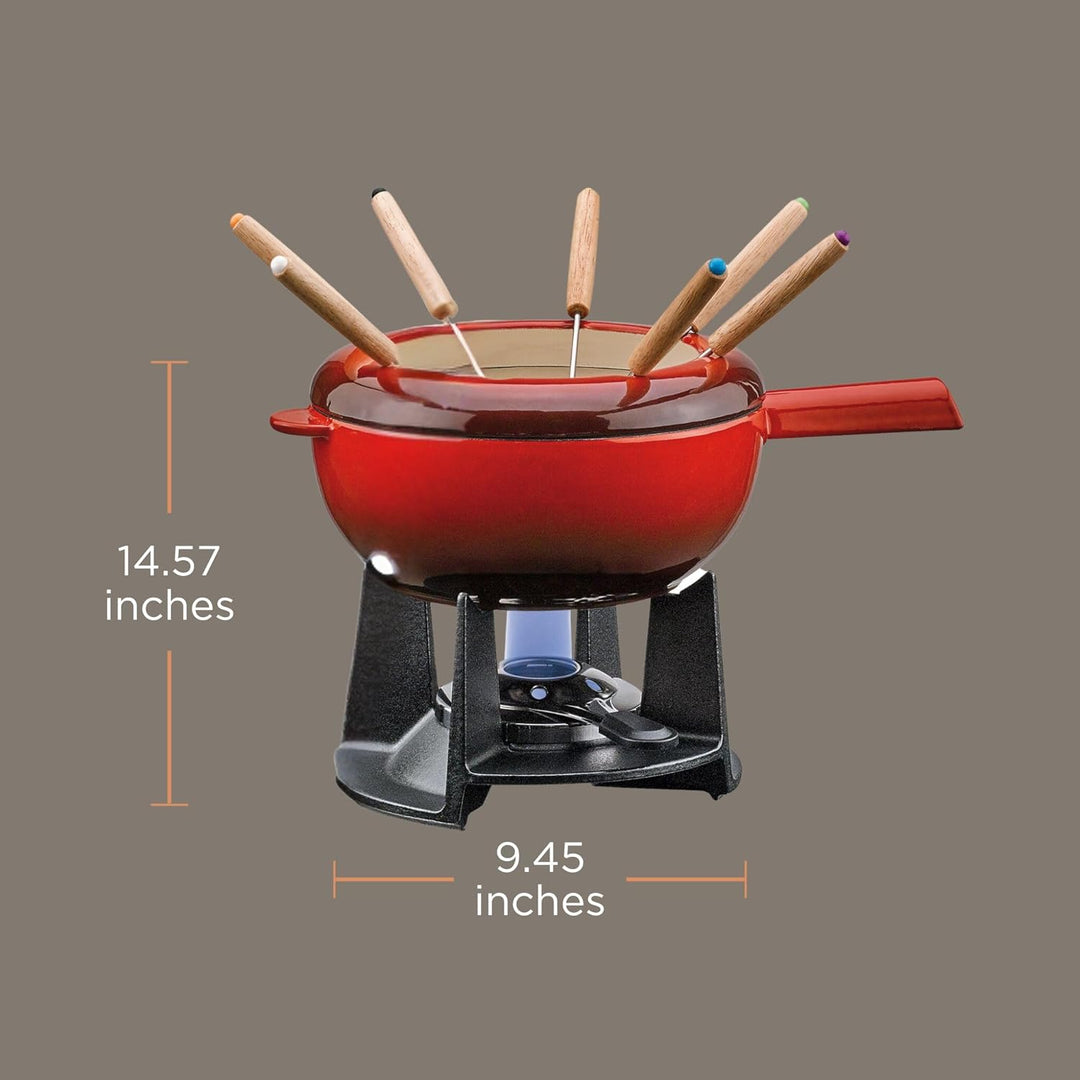 Spring Gusseisen Fondue Set rot | Ø 20 cm | mit 8 Fonduegabeln und Spritzschutz | für Käsefondue, Fl