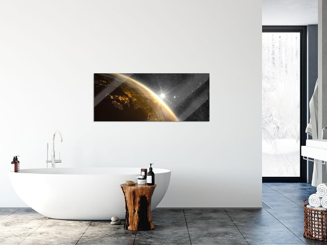 Glasbild Panorama | Wandbild aus Echtglas | Die Sonne und Erde im Weltall | 100x40 cm | inkl. Aufhän