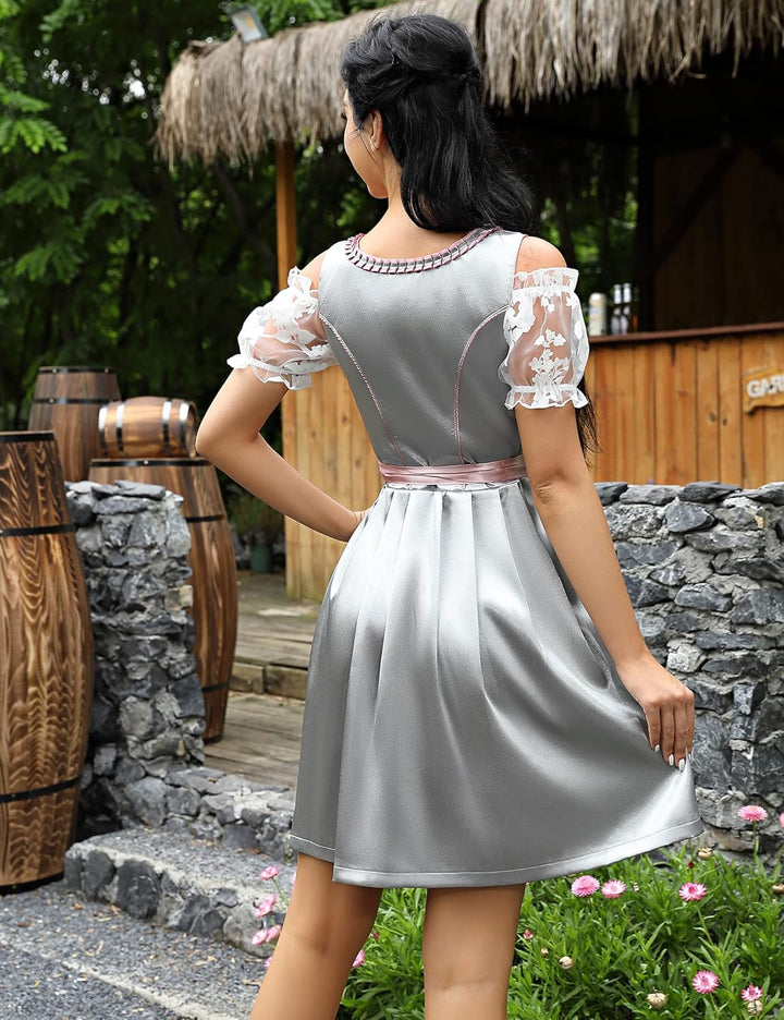 KOJOOIN Trachtenkleid Damen Dirndl Kurz Midi 3tlg. für Oktoberfest-DREI Teilig: Kleid, Bluse, Schürz