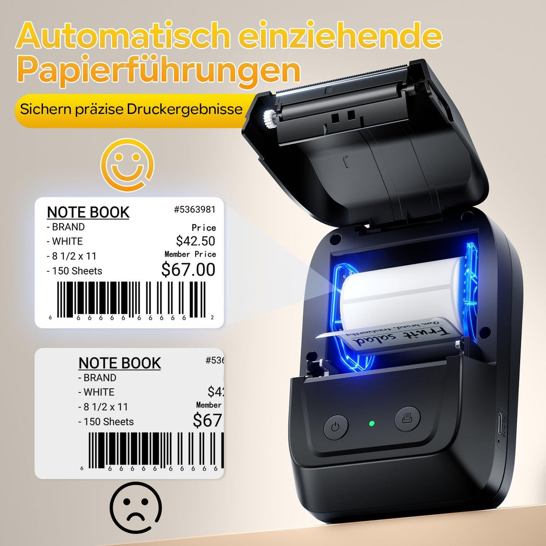 Memoking Etikettendrucker Selbstklebend, Bluetooth Label Printer mit 2000 Symbolen und 300 Vorlagen,