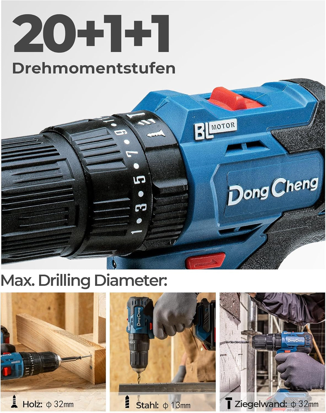 DongCheng Akku-Schlagbohrschrauber 18V, 50Nm, bürstenlose Schlagbohrmaschine, 20+1+1 Drehmomentstufe