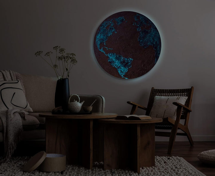 YS-Art Abstrakt Fluoreszierendes leuchtendes Acryl 3D Gemälde auf runder Leinwand Silberner Planet h