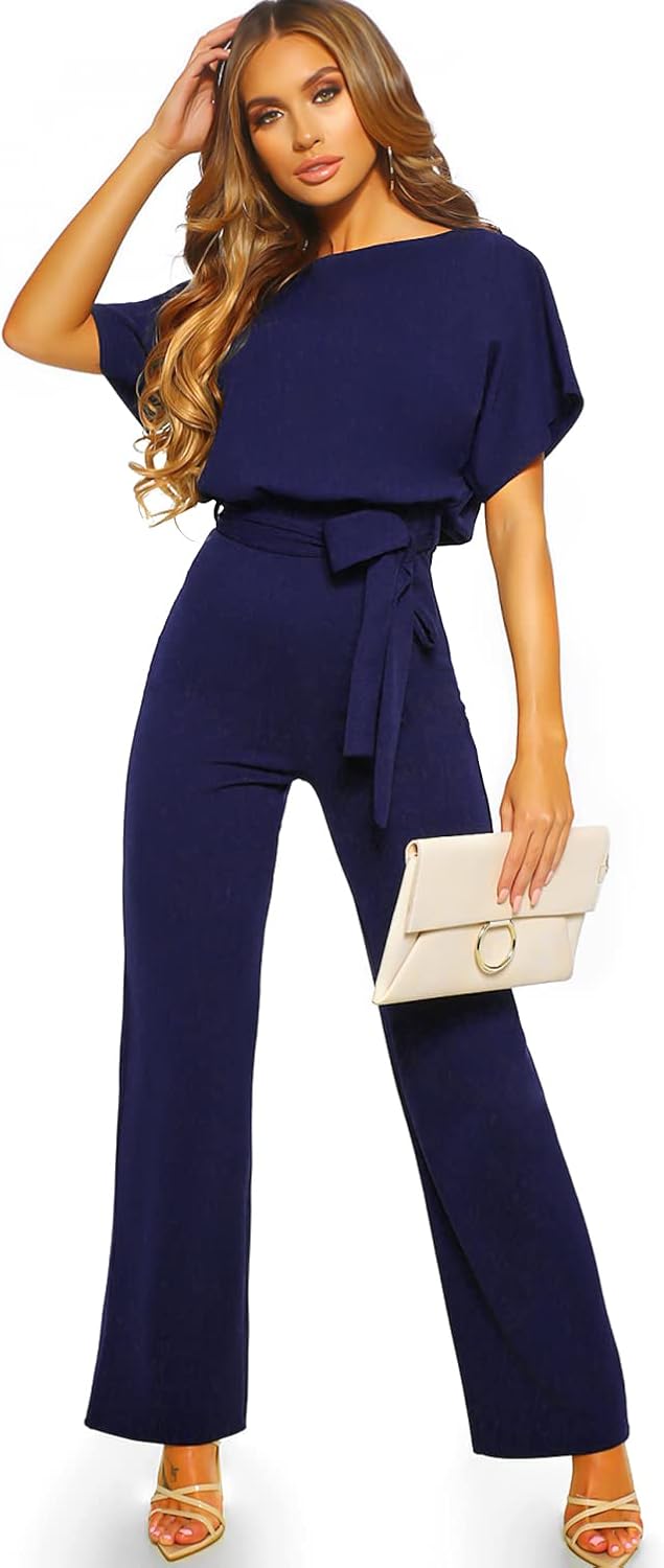 Walant Damen-Jumpsuit, kurzärmlig, Rundhalsausschnitt, einfarbig, Strampler Jumpsuit, Sommer, schick