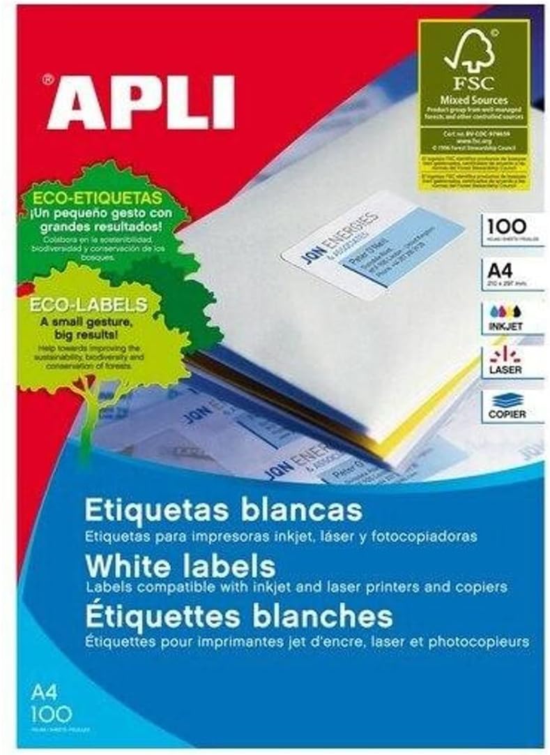 Apli 002086 - Pack 100 weiβe Etiketten für Drucker 70X25.4 70 x 25,4 mm 100 Blatt, 70 x 25,4 mm 100