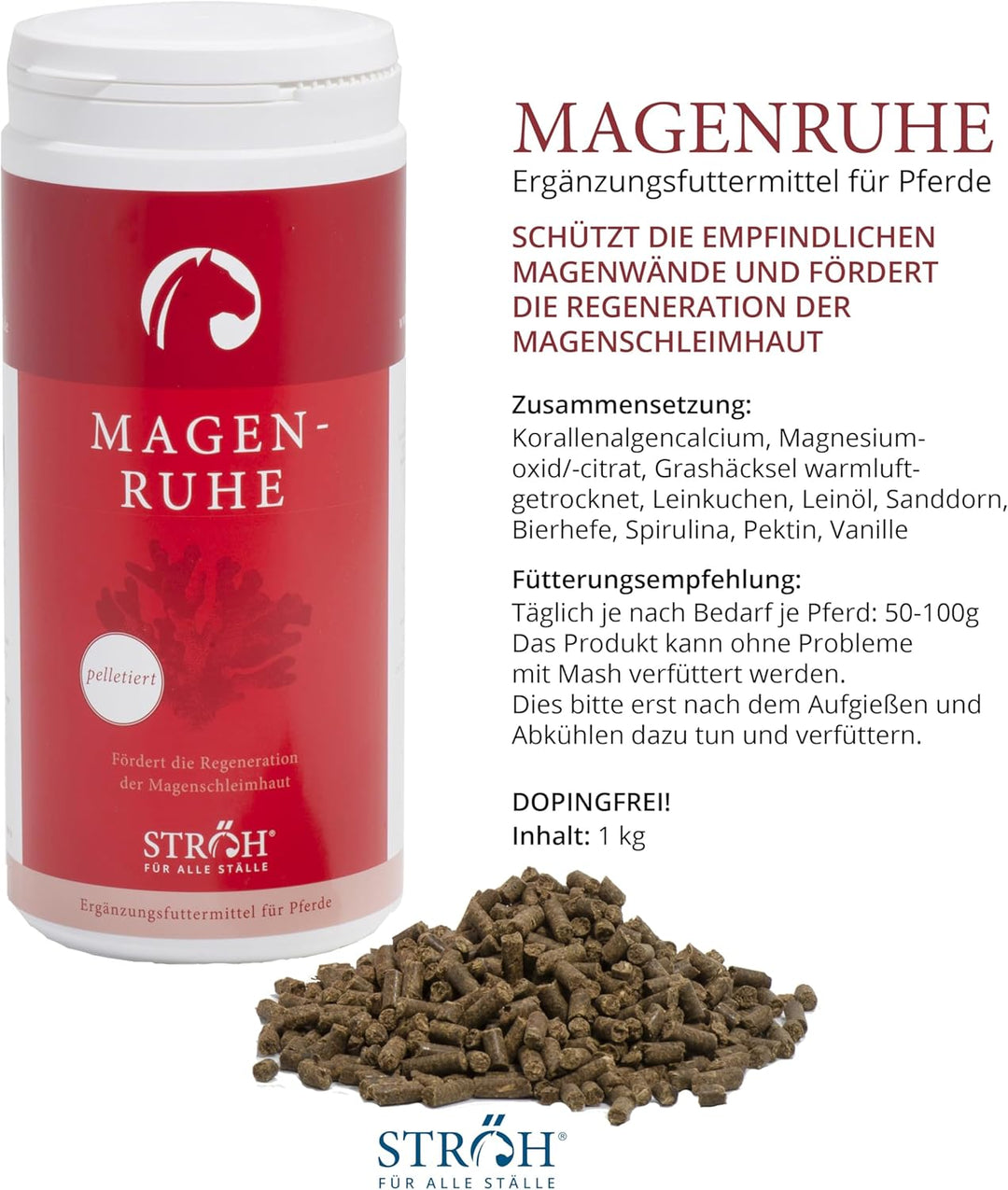 STRÖH Magenruhe Pferd (1kg) • Für Pferde Magen, Darm & Verdauung • Mineralfutter mit Bierhefe, Sandd