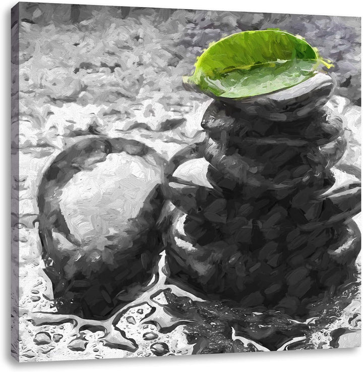 Pixxprint Zensteinturm im Regen als Leinwandbild/Grösse: 70x70 cm/Wandbild/Kunstdruck/fertig bespann