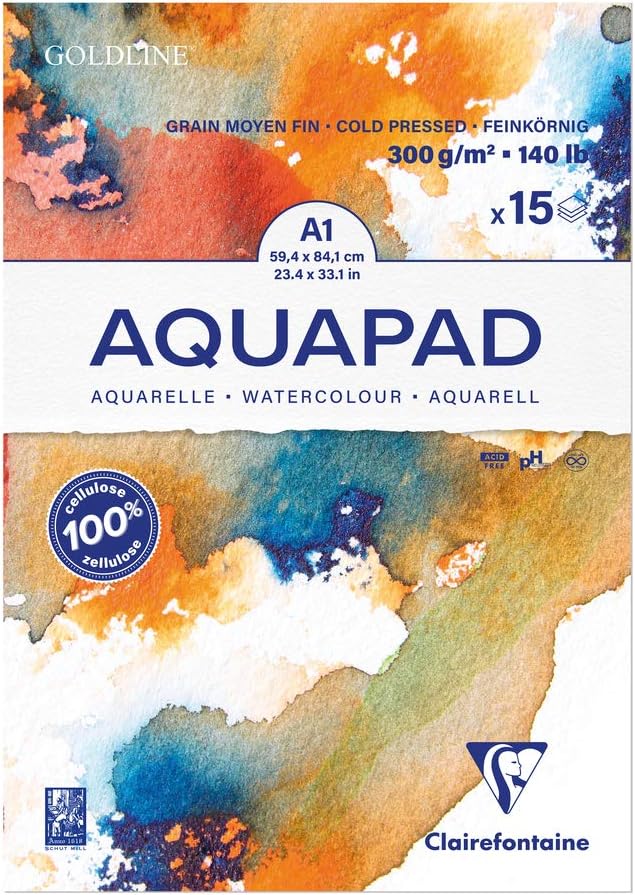 Clairefontaine 975724C - Malblock Aquarell Papier mittelfein gekörnt Goldline Aqua 15 Blatt 59,4x84