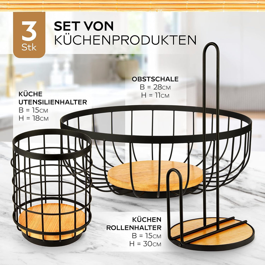 HIKITCHEN® [3er Set Obstkorb Obstschale Küchenrollenhalter Küchenutensilienhalter Utensilienhalter K