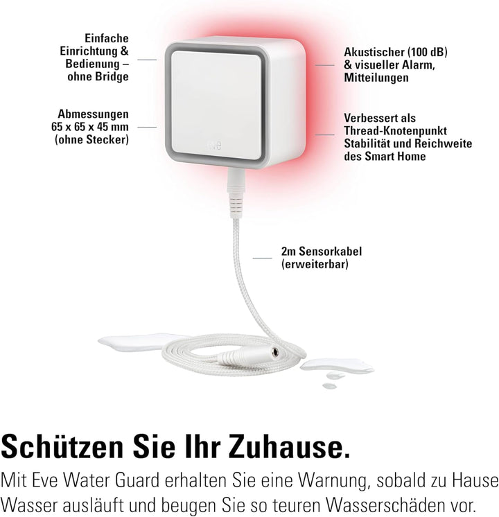 Eve Water Guard - Smarter Wassermelder, 2m Sensorkabel (verlängerbar), 100dB, Wasseralarm auf iPhone