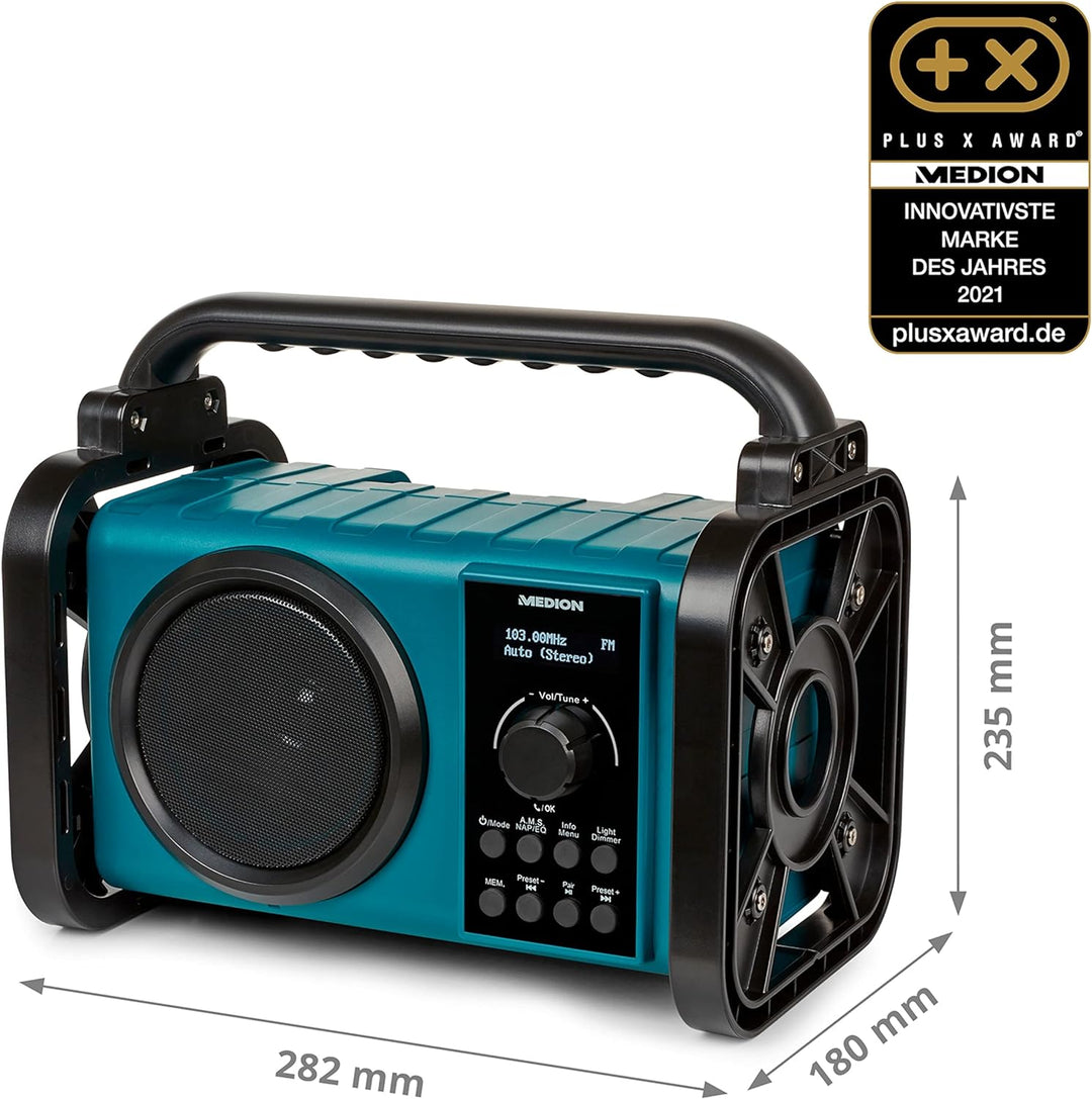 MEDION E66045 DAB+ Baustellenradio (Robustes Gehäuse, Spritzwassergeschützt (IP44), Bluetooth 5.0, P