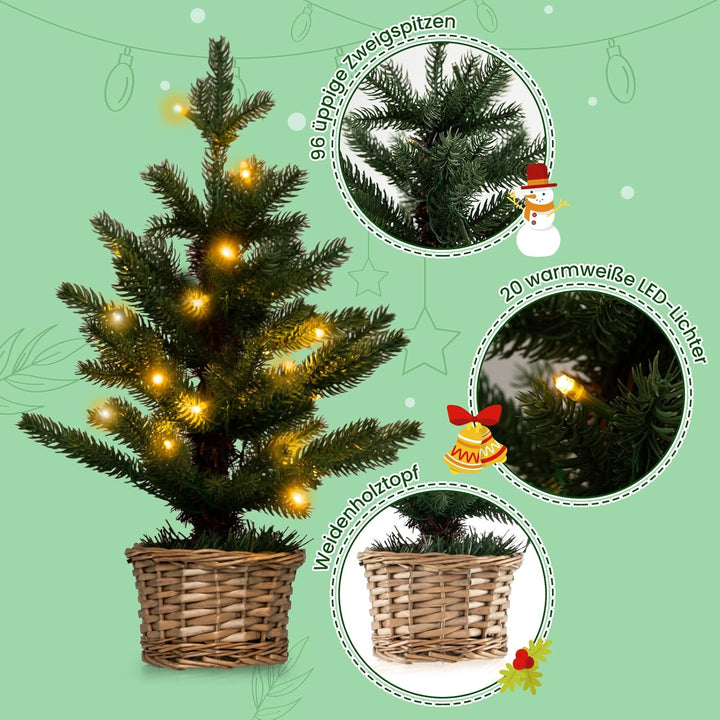 COSTWAY 48cm Kleiner Weihnachtsbaum, beleuchteter Mini Weihnachtsbaum, 20 LEDs in Warmweiss, künstli