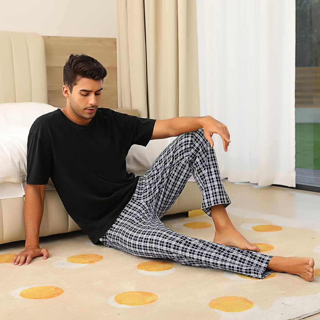Litherday Schlafanzughose Herren Lang Kariert Pyjamahose 100% Baumwolle NachtwÀsche hose mit Taschen