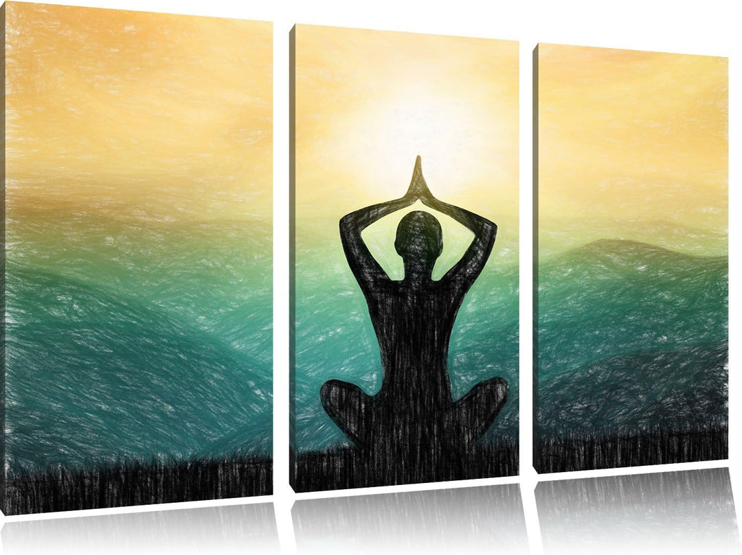 Pixxprint Yoga und Meditation in den Bergen Kunst Buntstift Effekt 3-Teiler Leinwandbild 120x80 Bild