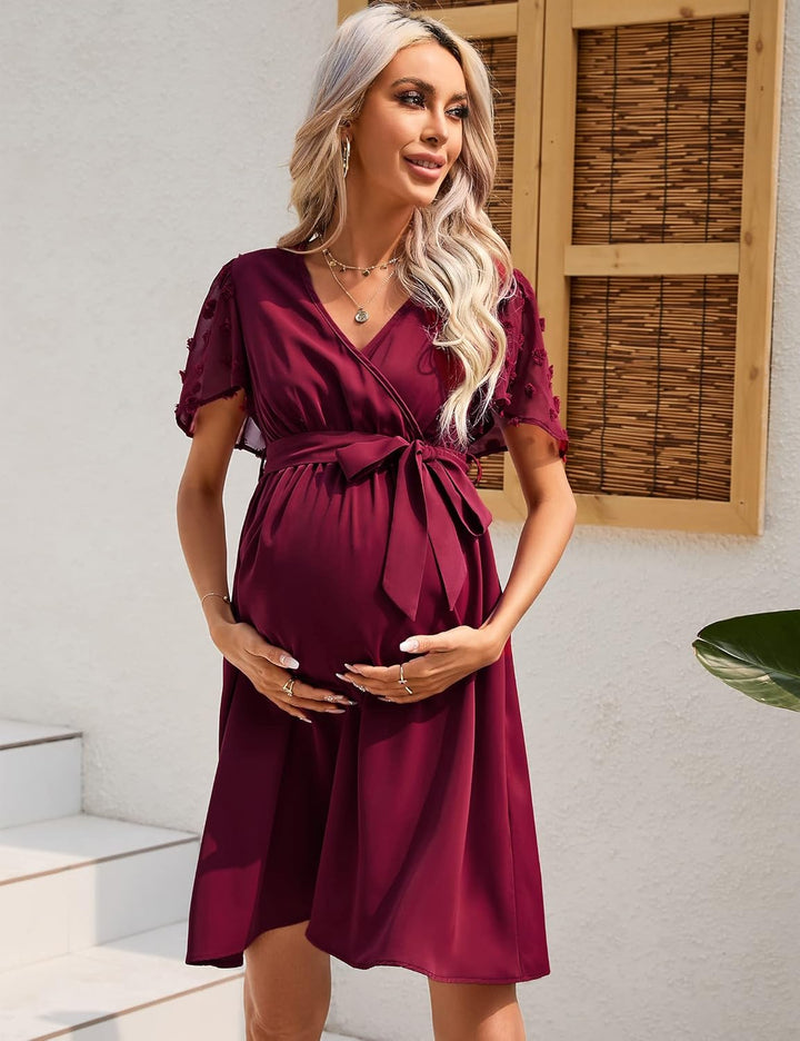 KOJOOIN Damen Umstandskleid Tüll Kurzarm Stillkleid Swiss Dot V-Ausschnitt Schwangere Kleider Mutter