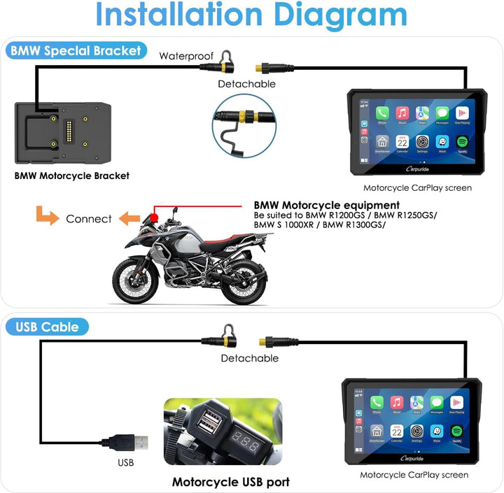 Carpuride W702B Pro Motorrad-Carplay-Bildschirm mit Halterung für BMW-Motorräder, Kabelloses CarPlay