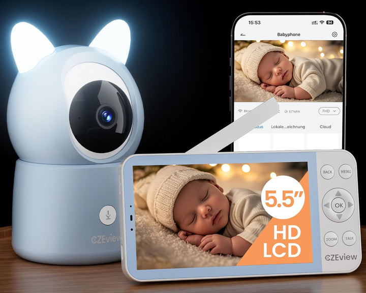 CZEview BM6 Babyphone mit Kamera 2K & 4X Zoom, 5.5" HD WLAN Video Babyfon mit App, Nachtsicht, Beweg