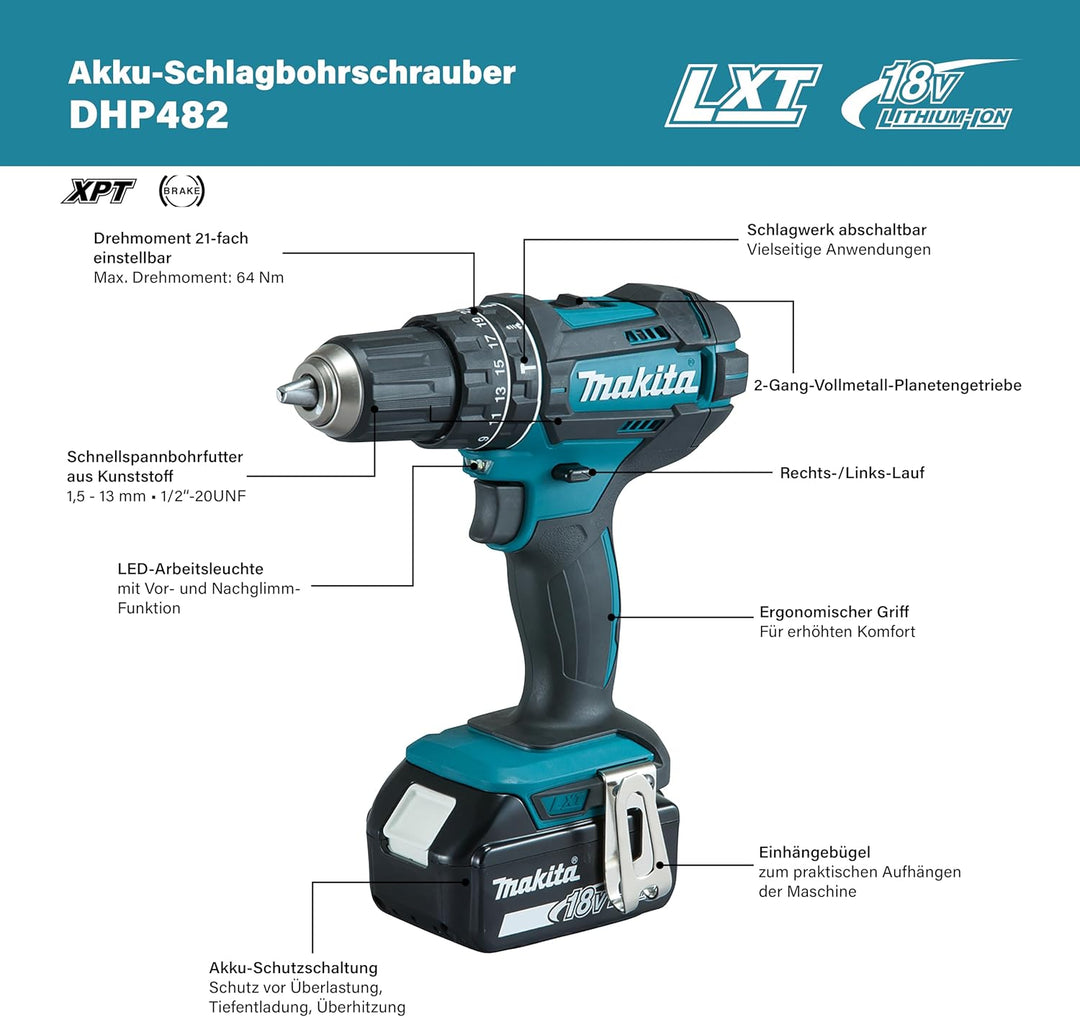 Makita DHP482RFX9 Akku-Schlagbohrschrauber 18V / 3,0 Ah, 2 Akkus + Ladegerät im Alukoffer + 96-tlg.