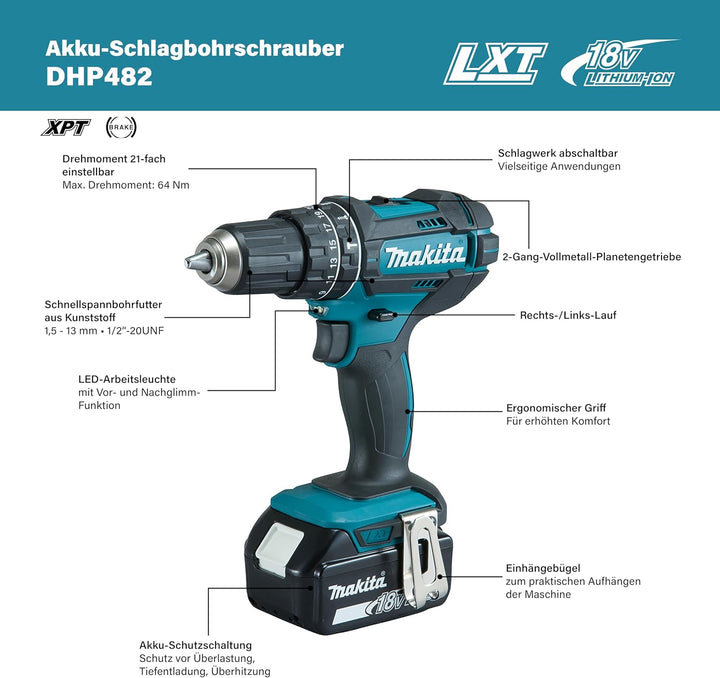 Makita DHP482RFX9 Akku-Schlagbohrschrauber 18V / 3,0 Ah, 2 Akkus + Ladegerät im Alukoffer + 96-tlg.