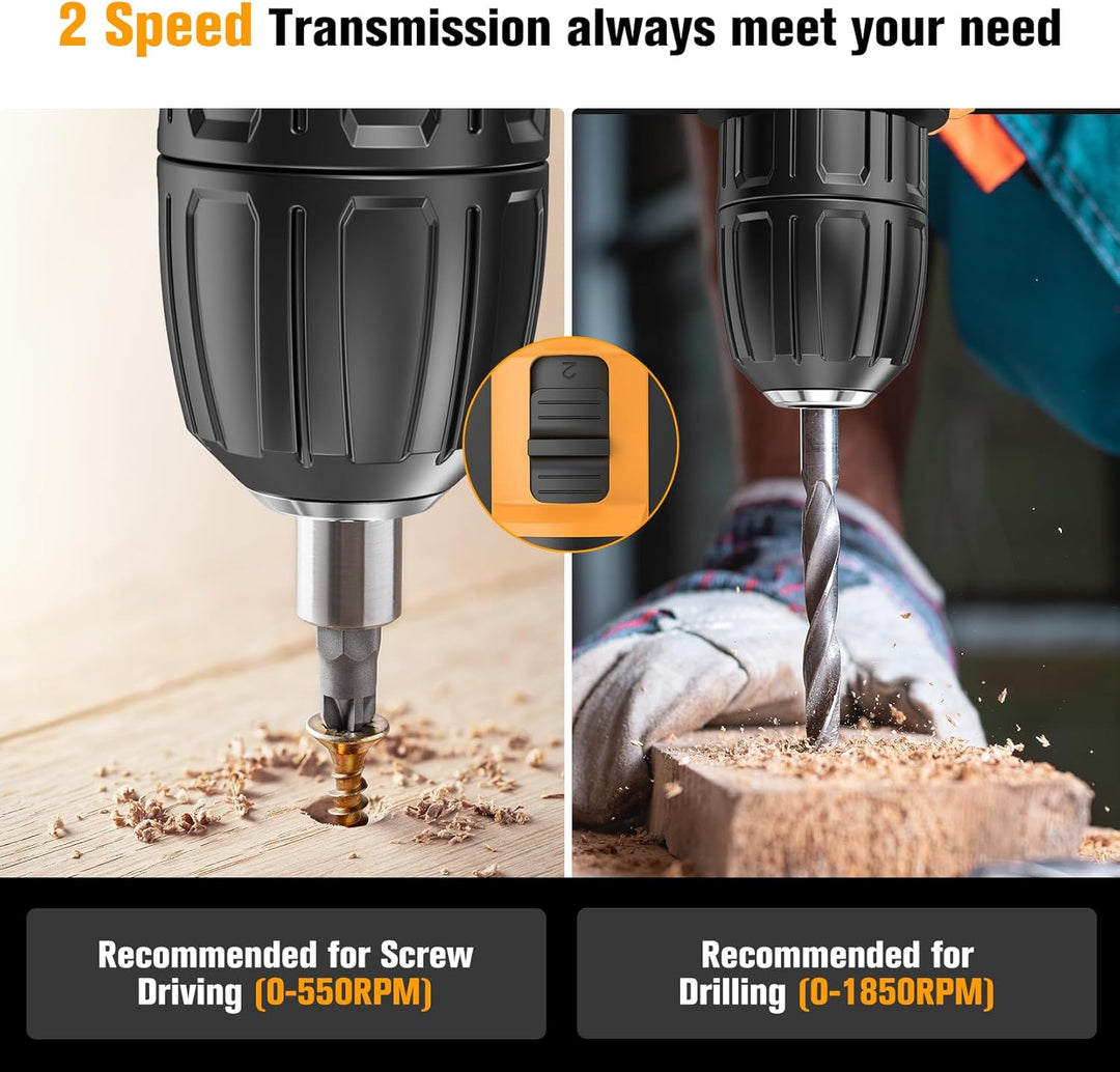 Akkuschrauber 21V, Bohrschrauber mit 2 Akkus 2.0Ah, 42Nm Akku Bohrmaschine, 2 Gang, 25+3 Drehmoments