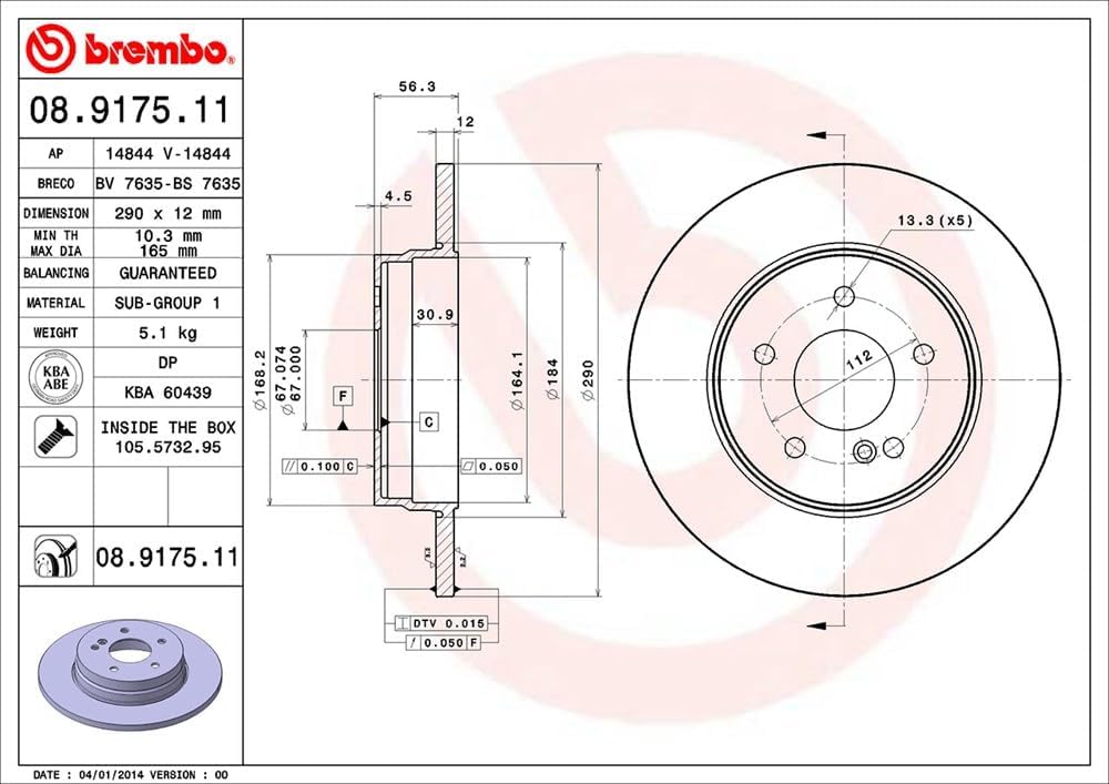 Brembo 08.9175.11 Hintere Bremsscheibe mit UV Lackierung, Anzahl 2