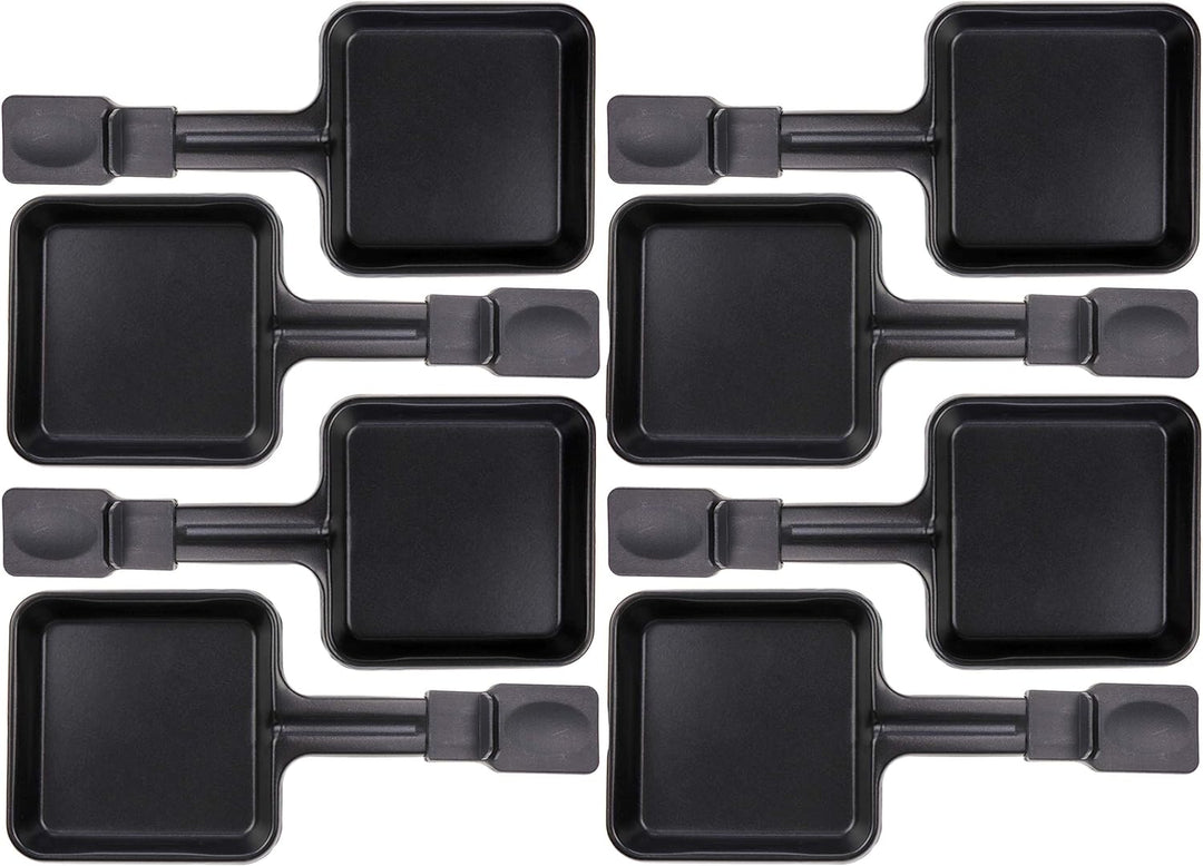 8x Raclette Pfännchen 23178 10x10cm, Griff Extra Lang, Universell für Raclettes (Masse siehe Text)