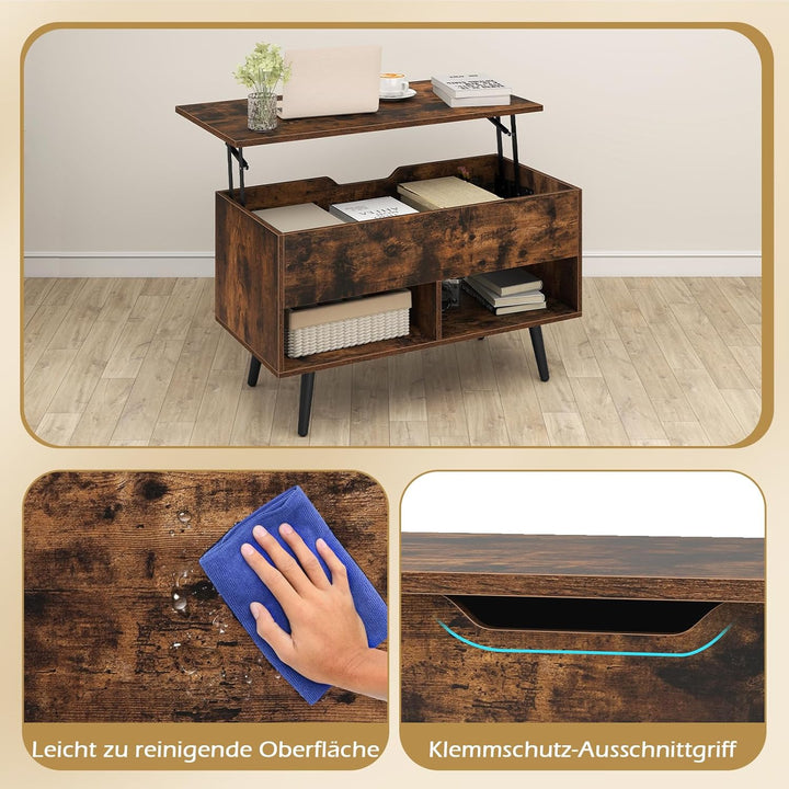 COSTWAY Couchtisch höhenverstellbar, Sofatisch mit anhebbarer Tischplatte & 2 offenen Regalen, auszi