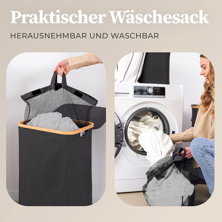 HENNEZ 100L Wäschekorb mit Deckel Grau - herausnehmbaren Wäschesack Wäschesammler schmal mit Deckel