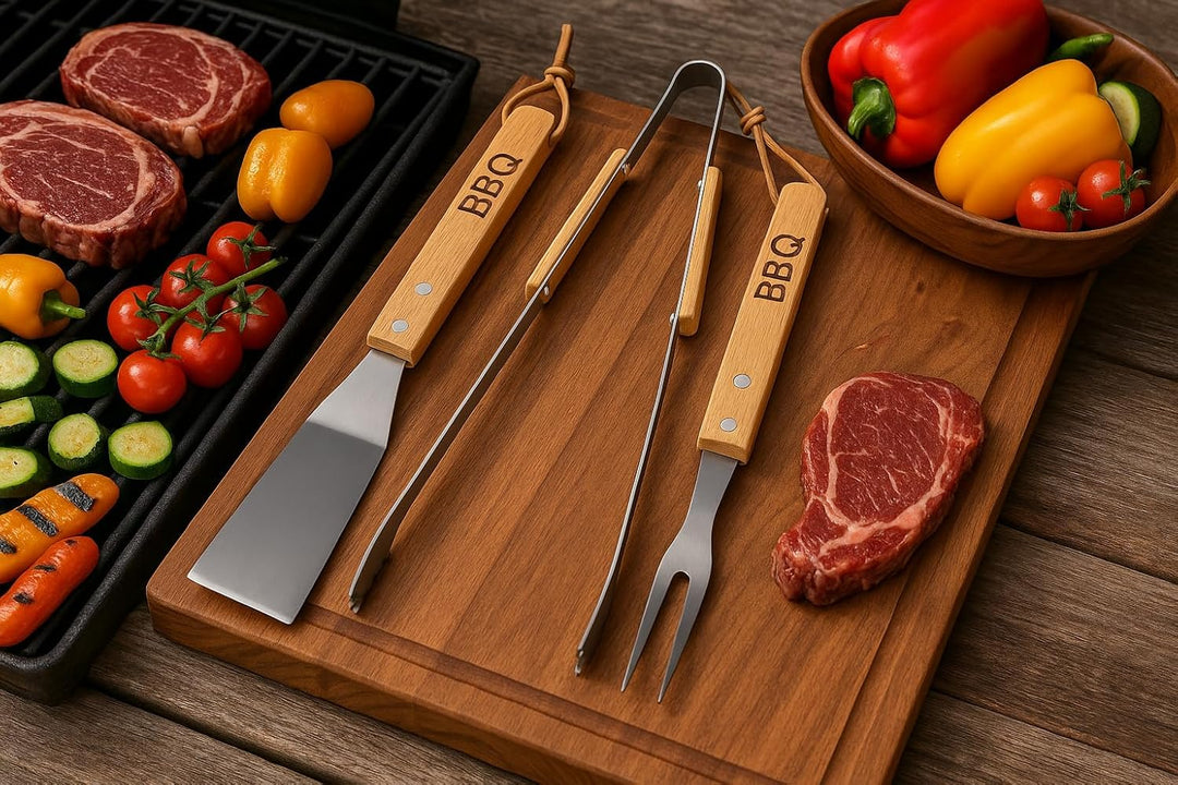 BBQ Grillbesteck Set 3-teilig aus Edelstahl – Grillzange, Wender & Fleischgabel – rostfrei, spülmasc