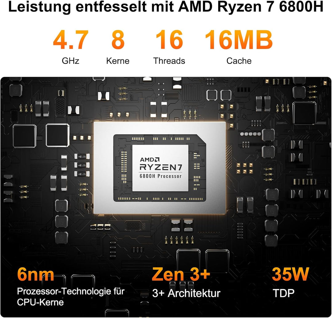 GEEKOM A6 Mini PC, AMD Ryzen 7 6800H (bis 4.7GHz), 16GB DDR5 RAM 512GB SSD, Mini Computer für Homeof