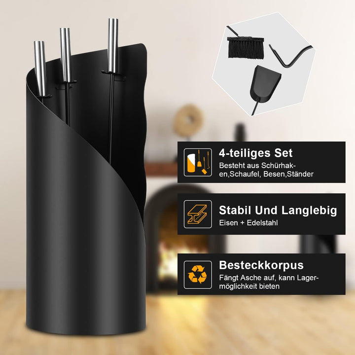 Randaco kaminbesteck Schwarz Modern 4 teilig Edelstahl Kaminbesteck mit Schaufel, Besen, Schürhaken,