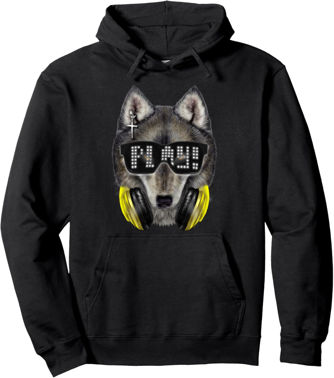 Grauer Wolf, die Hipster-Sonnenbrille und Kopfhörer trägt Pullover Hoodie