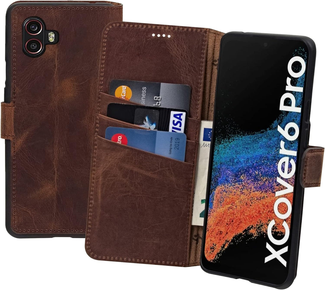 Suncase Book-Style Hülle kompatibel mit Samsung Galaxy XCover 6 Pro 5G Leder Tasche (Slim-Fit) Leder