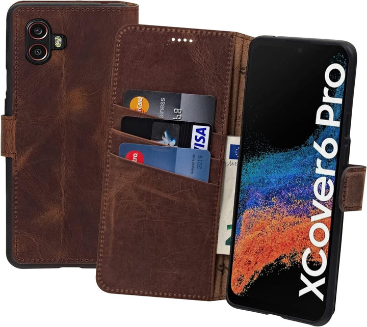 Suncase Book-Style Hülle kompatibel mit Samsung Galaxy XCover 6 Pro 5G Leder Tasche (Slim-Fit) Leder