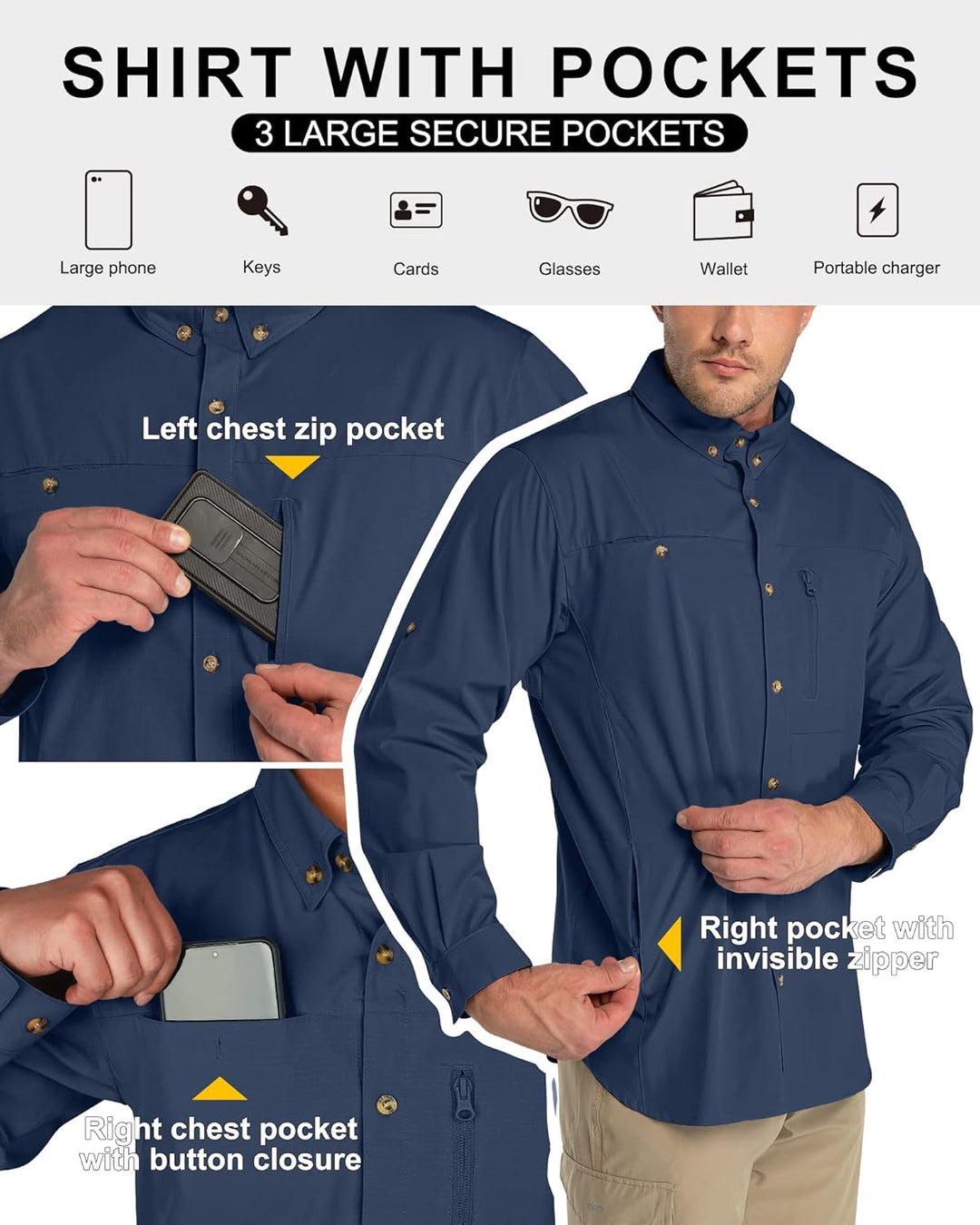 33,000ft Herren Sportshemd Männer Langarmhemd Schnelltrocknendes Leichtes Funktionshemd Atmungsaktiv