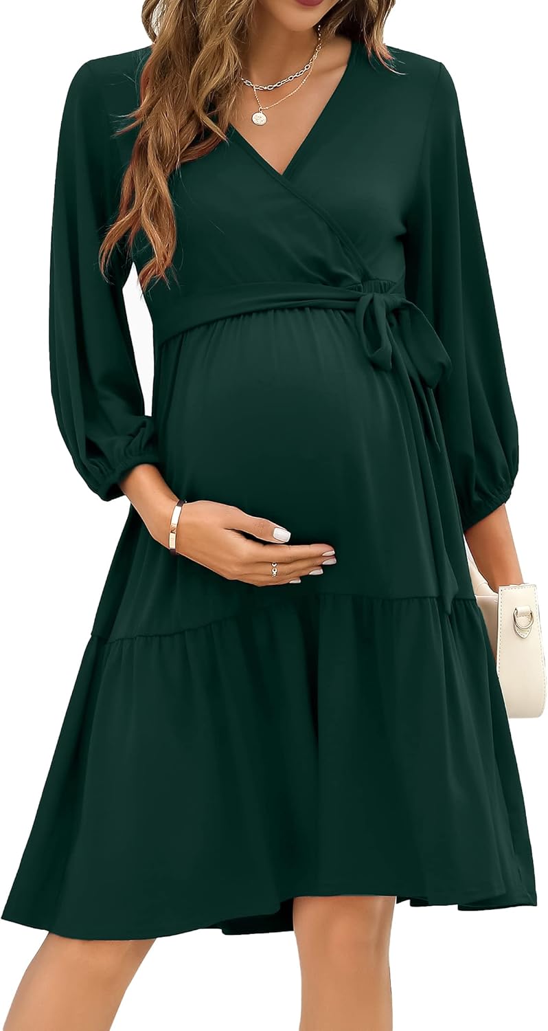 KOJOOIN Damen Umstandskleid V-Ausschnitt 3/4 Ärmel Stillkleid Rüschen Schwangerschafts Kleider mit G