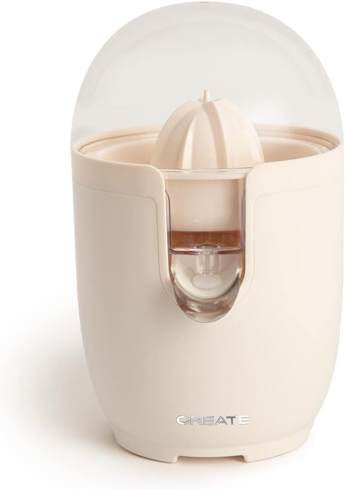 CREATE Elektrische Zitruspresse, weiss, 90 W, inklusive zwei Kegeln, Antitropfsystem und einem Tank