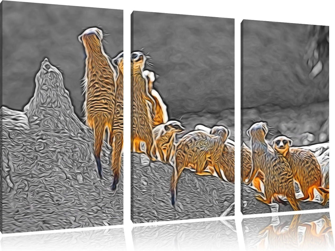 grosse liebevolle Erdmännchenfamilie schwarz/weiss Deluxe 3-Teiler Leinwandbild 120x80 Bild auf Lein