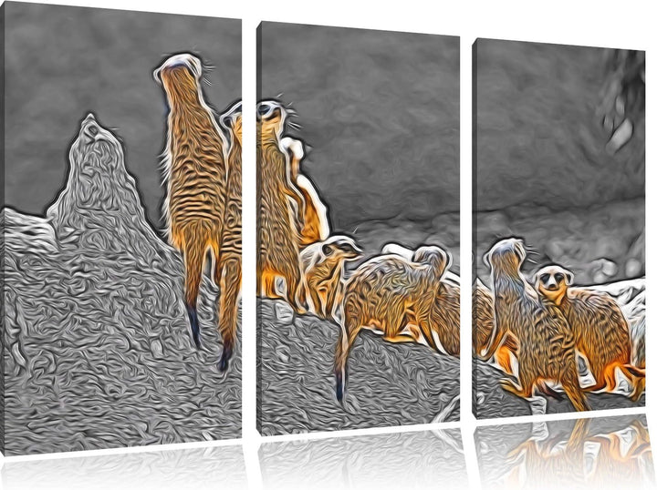 grosse liebevolle Erdmännchenfamilie schwarz/weiss Deluxe 3-Teiler Leinwandbild 120x80 Bild auf Lein